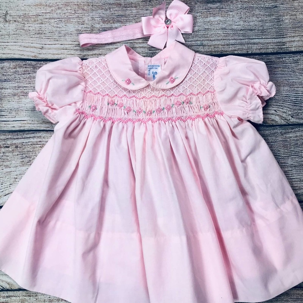 Vintage 'Baby Togs' pink SS smocked dress; 12 m